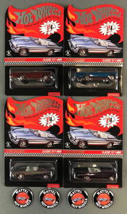 Group of 4 Hot Wheels Red Line Club Classic 1957 T-Bird: Silver, red, blue, and purple. In original packaging, MIB, 2012 Club Car, Club Exclusive with fold-over collectors badges. In protective plastic cases