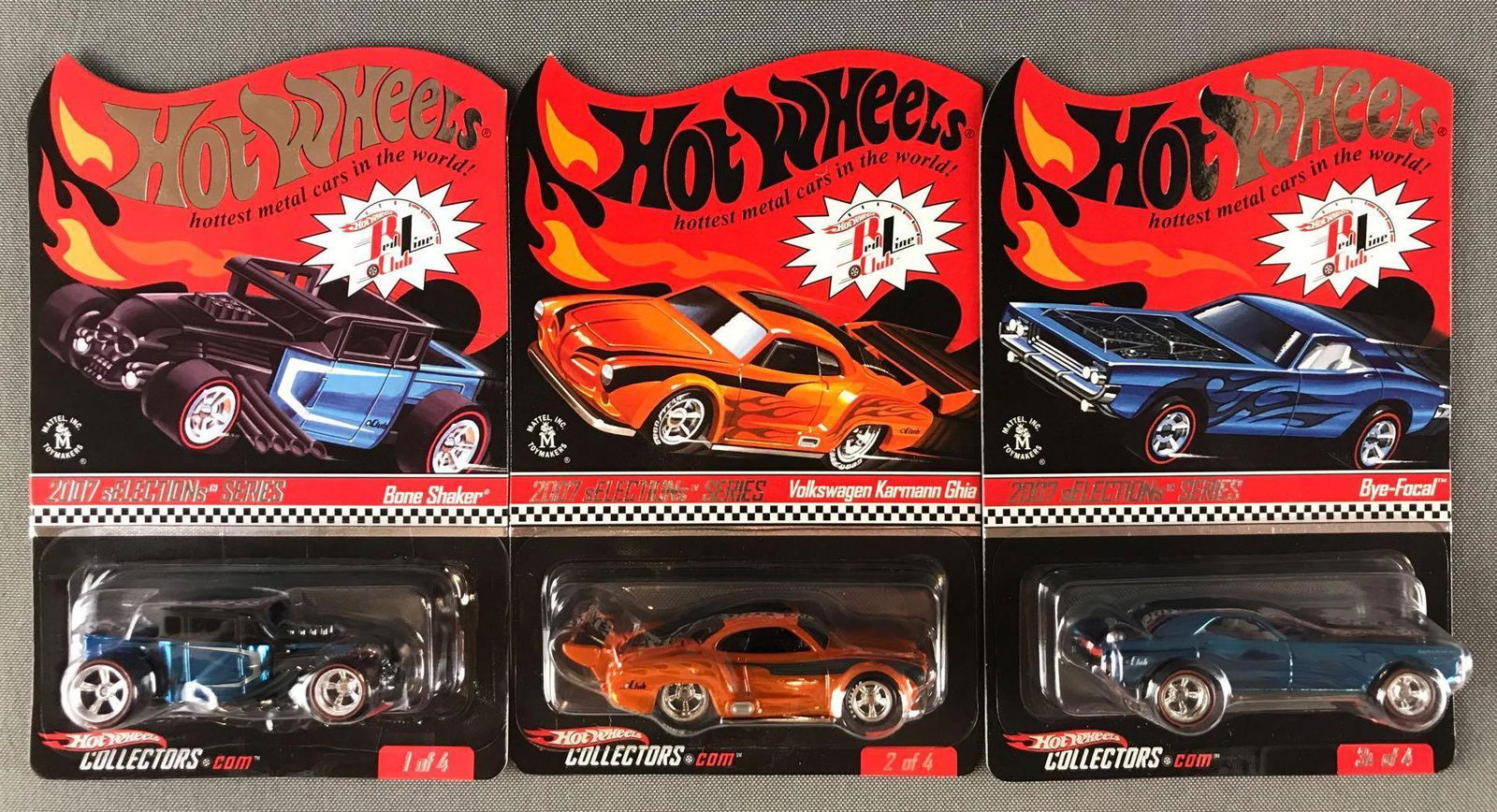 Group of 3 Hot Wheels Red Line Club die-cast vehicles: 2007 sELECTIONs Series, includes Bone Shaker (1 of 4), Volkswagen Karmann Ghia (2 of 4), and Bye-Focal (3A of 4). MIB, in protective plastic cases