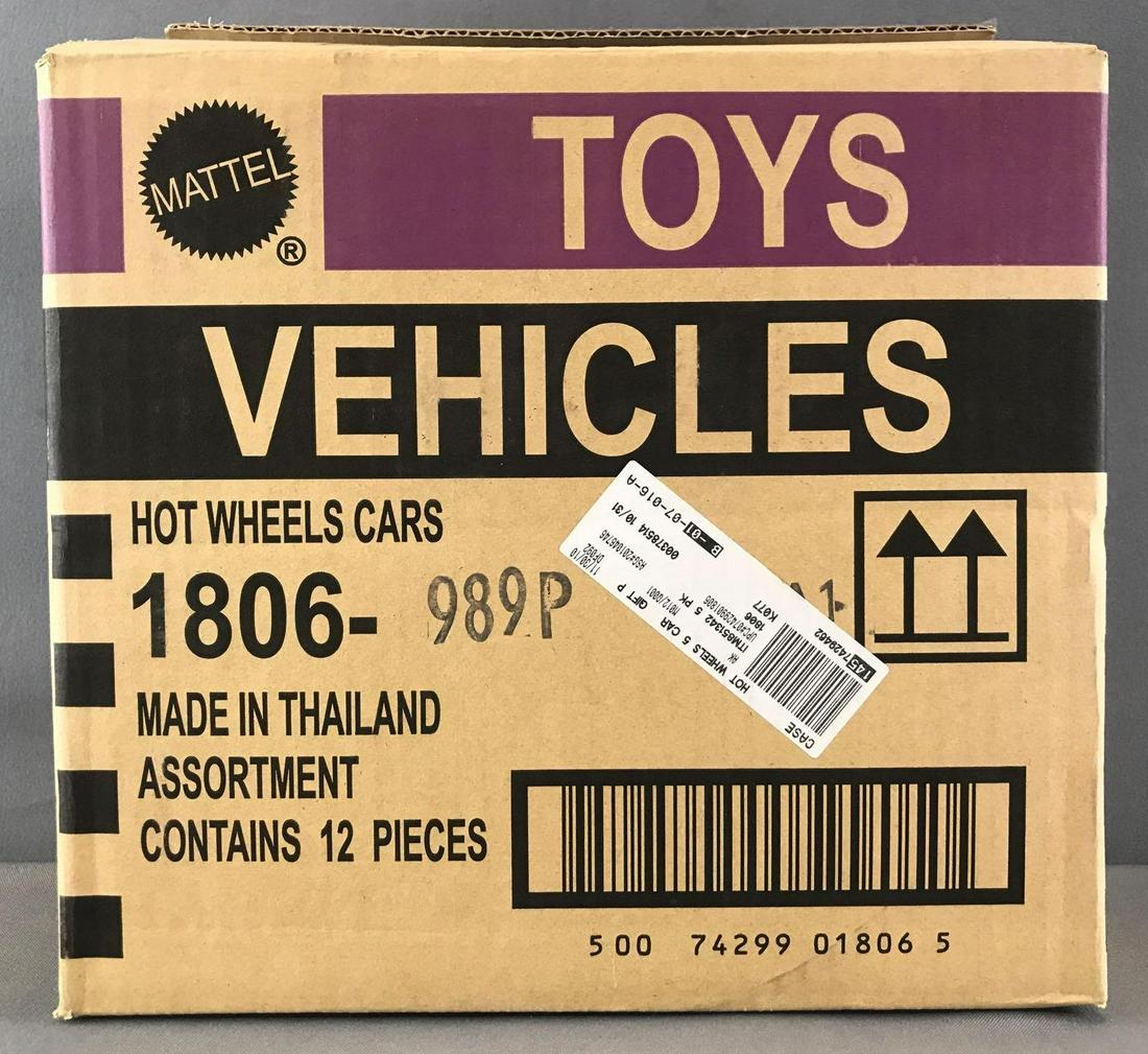 Full shipping box of assorted Hot Wheels die-cast: New in original packaging, 12 pieces, assorted 5-car sets