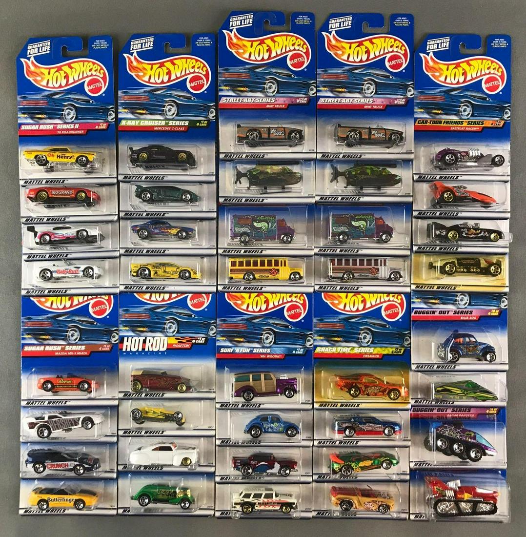 Group of 40 Hot Wheels die-cast vehicles in original: (10) 4- piece groups. Includes Snack Time Series, Car-Toon Friends Series, Buggin Out Series, and more