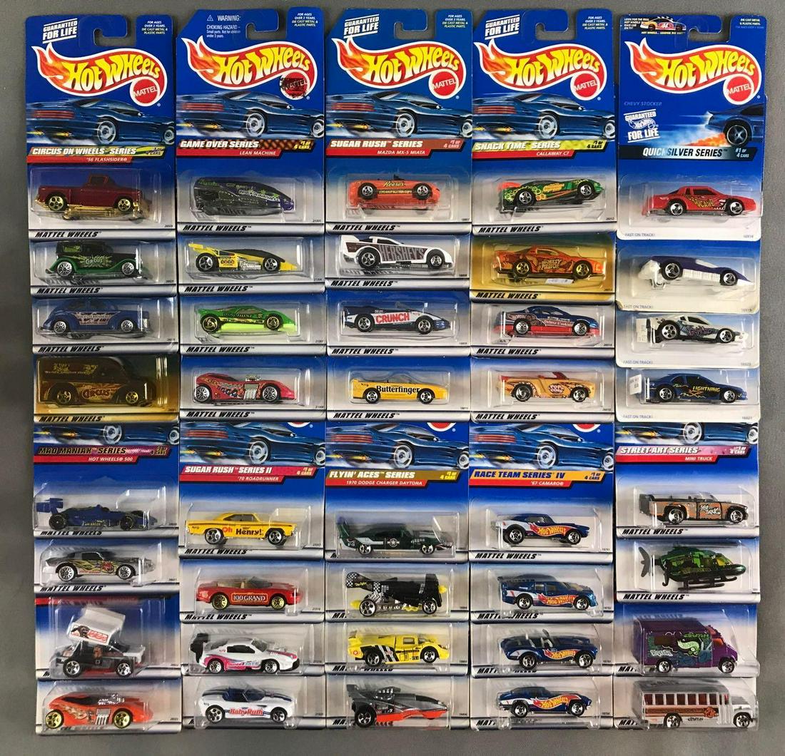 Group of 40 Hot Wheels die-cast vehicles in original: (10) 4-piece groups, includes Quicksilver Series, Game Over Series, Snack Time Series, and more