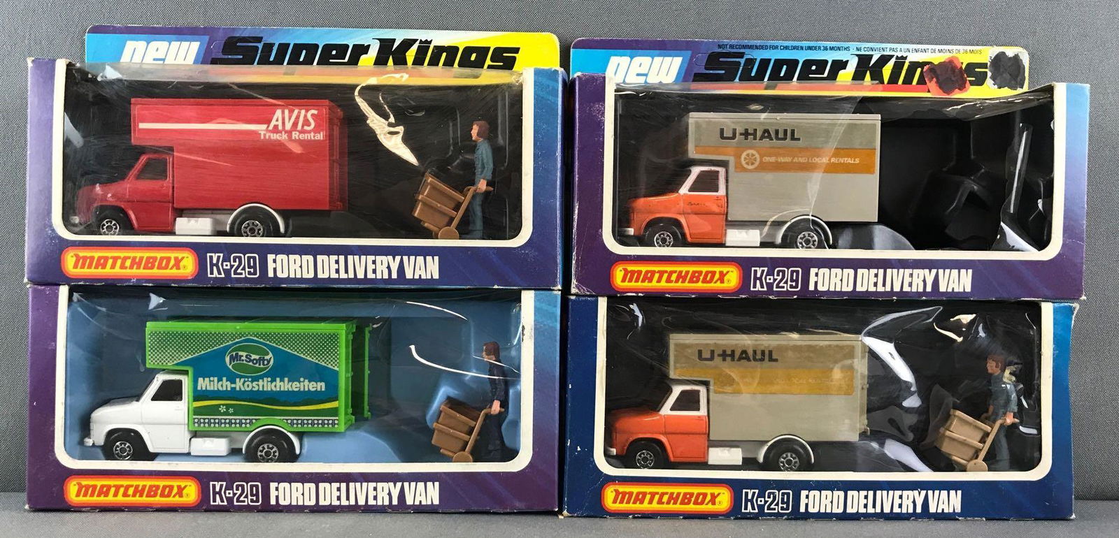 Group of 4 Matchbox Super Kings K-29 Gord Delivery Van: U-Haul, Avis, and Mr. Softy. Some damage to packaging. A Lesney Product