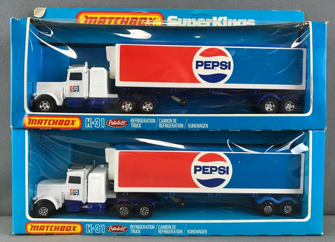 Group of 2 Matchbox Super Kings K-31 Peterbilt: Pepsi, some minor damage to packaging. A Lesney Product