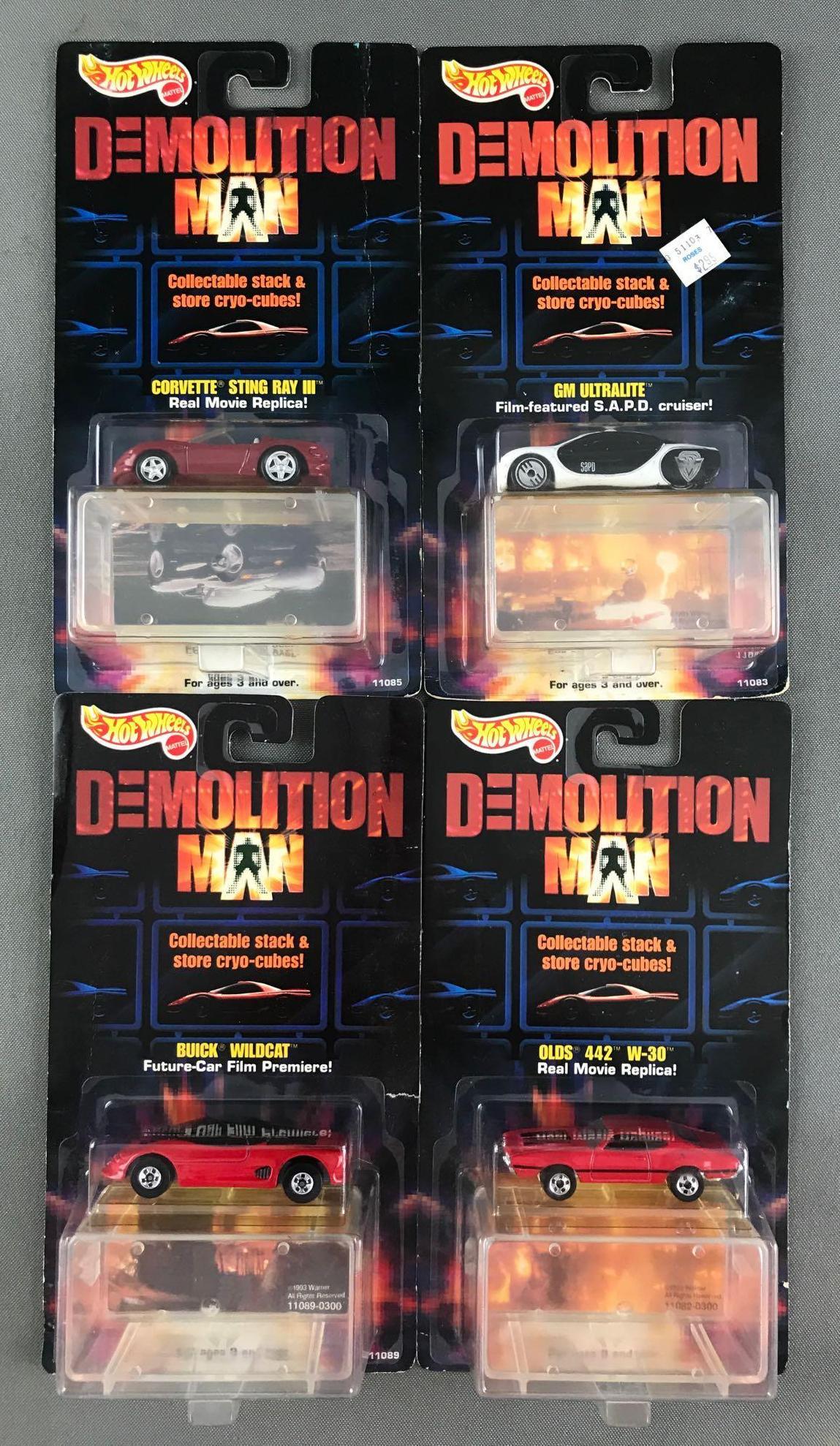 Group of 4 Hot Wheels Demolition Man die-cast vehicles: Includes Corvette Sting Ray III, GM Ultralite, Buick Wildcat, and Olds 442 W-30.