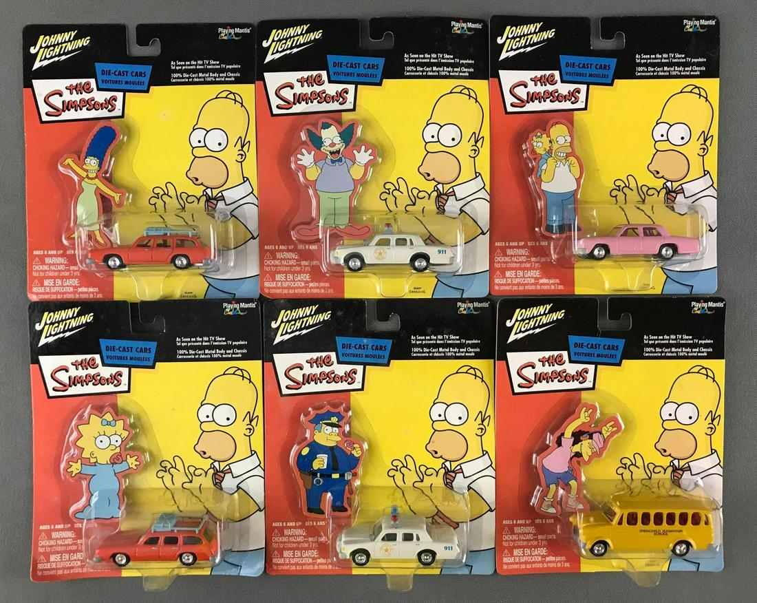 Group of 6 Johnny Lightning The Simpsons die-cast: Includes Homers Car, Marges Car, Chief Wiggums Police Cruiser, and Springfield Elementary School Bus