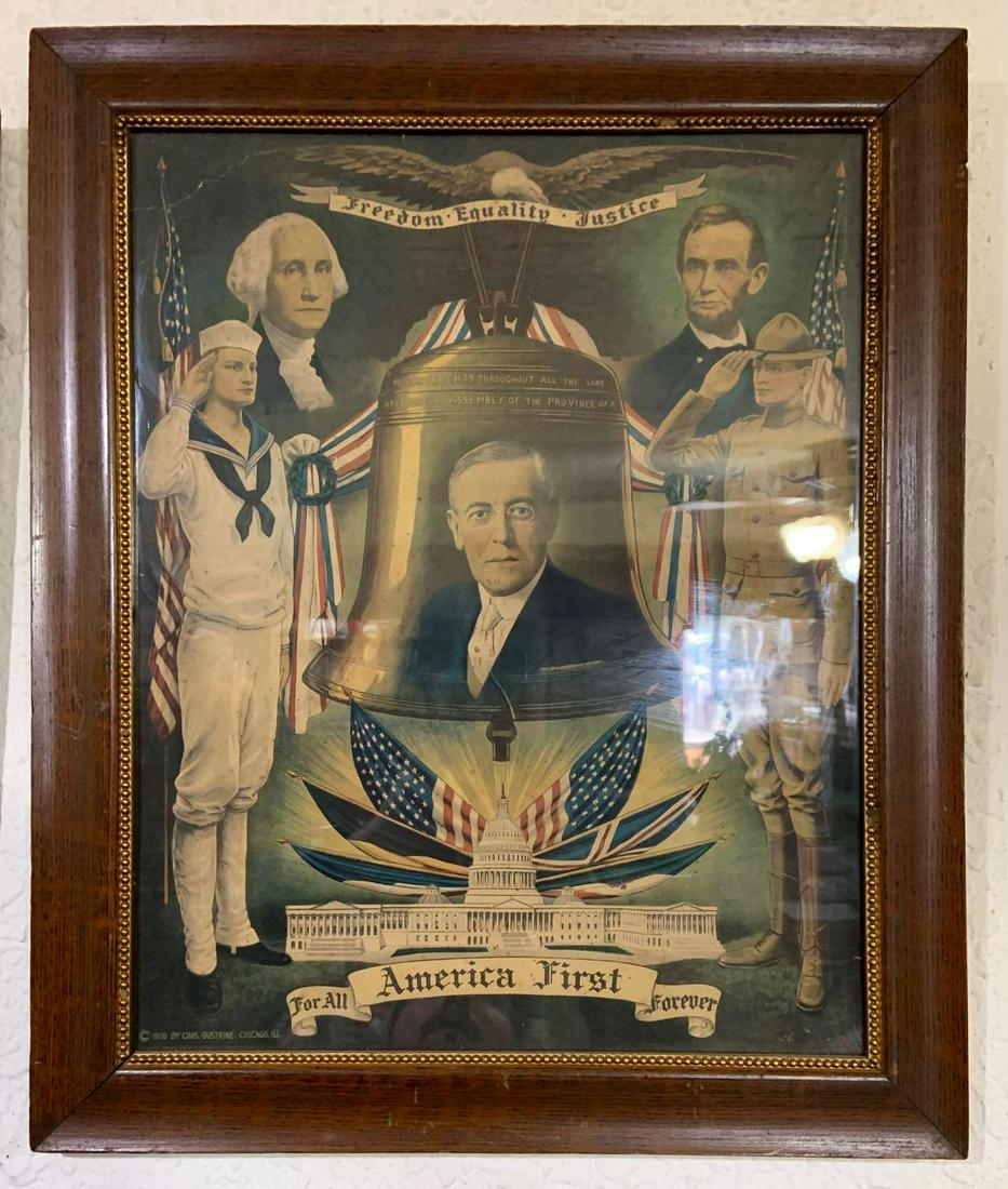 WW1 commemorative print featuring Woodrow Wilson: 19 1/2 x 23 1/2 inches, dated 1918