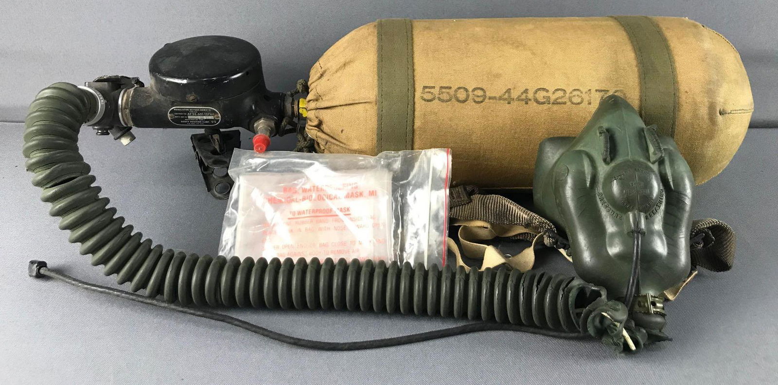 US Military Oxygen mask, tank, regulator and (1 of 8)
