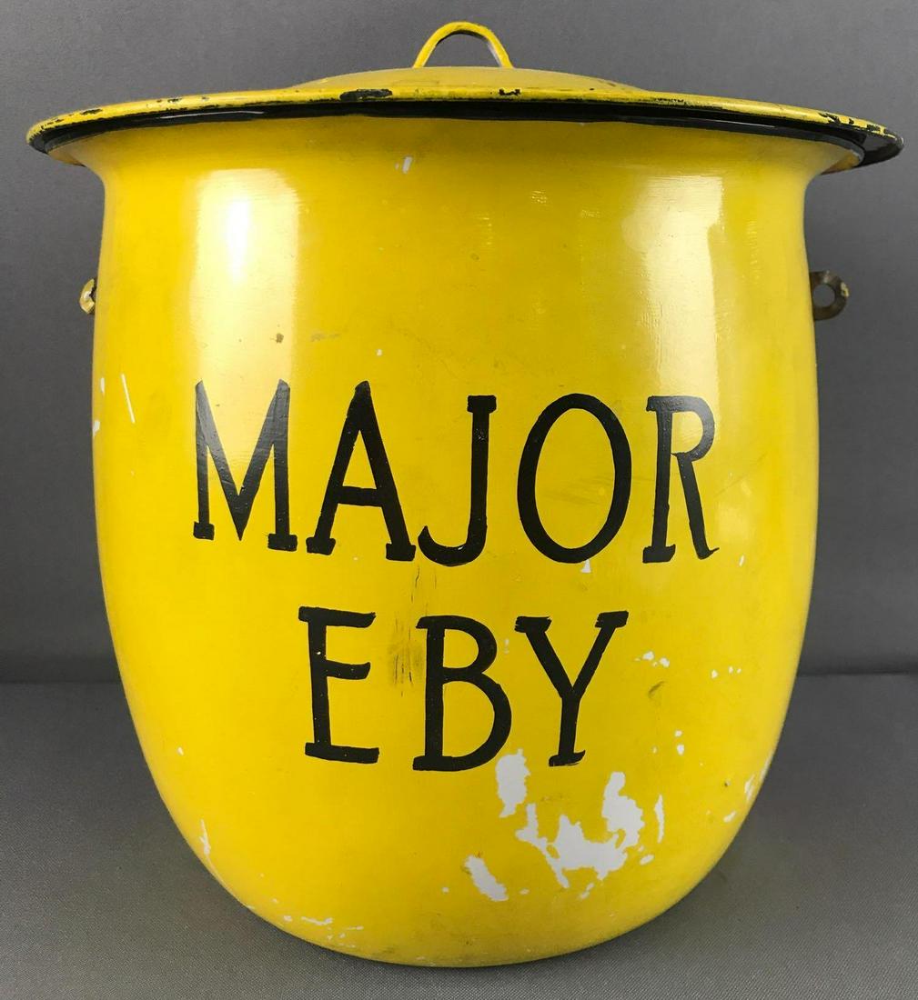 Painted Enamelware lidded pot: Red/Yellow, Major Ryan, Major Eby, ÒHereÕs Looking at YouÓ-11x11 inches