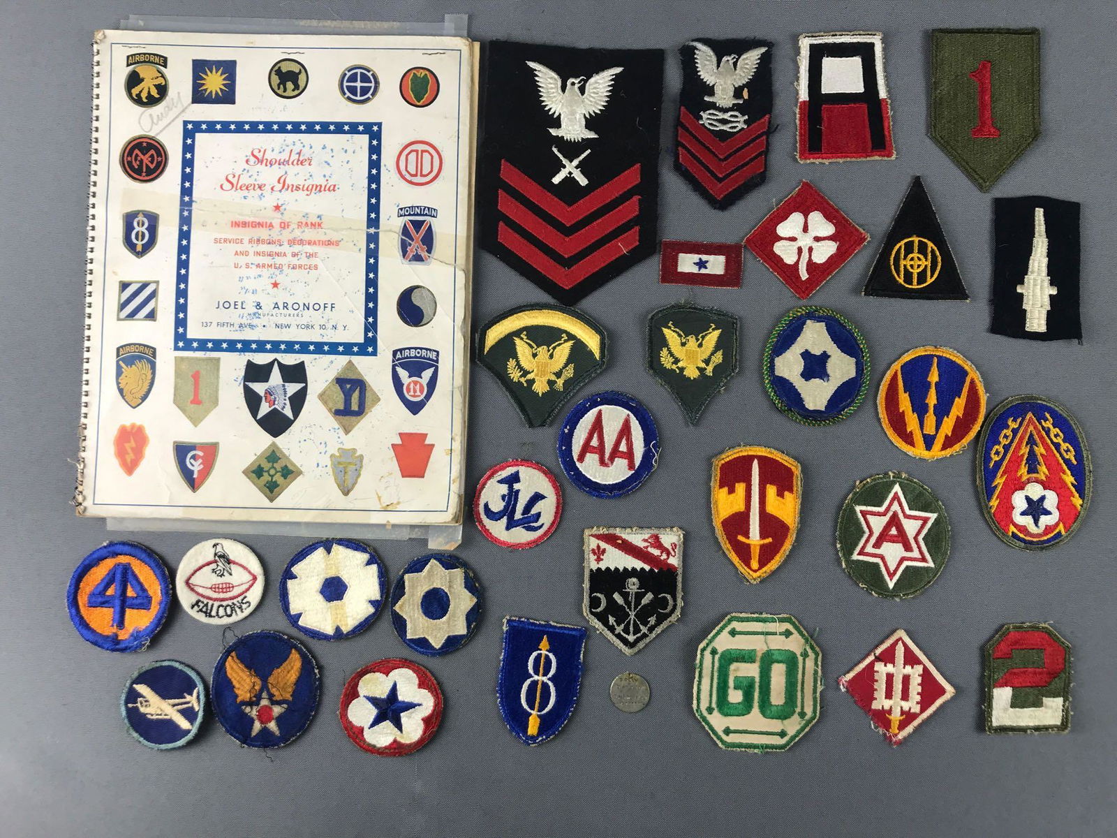 Group of 30 pieces assorted Insignia patches, book: Book measures 8.75x11 inches