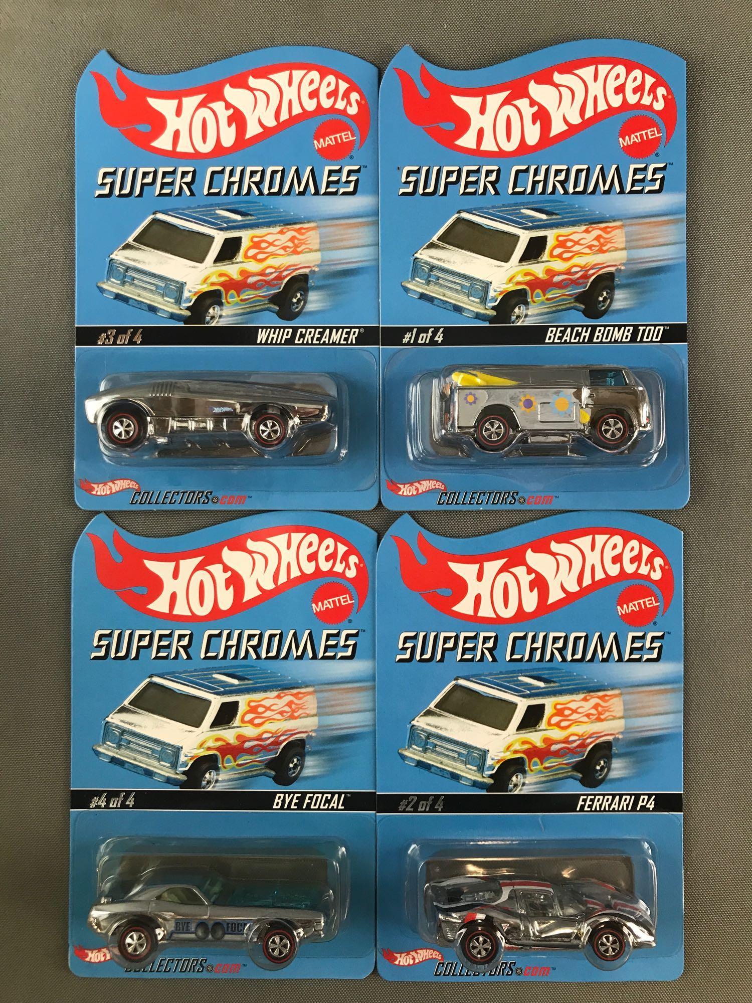 Group of 4 Hot Wheels Super Chromes die-cast vehicles: New in original packaging and plastic clamshells. Includes Whip Creamer-Limited Edition 11596/11500, Bye Focal-Limited Edition 09537/12500, Beach Bomb Too-Limited Edition 09537/12500, and Ferrari P4-L