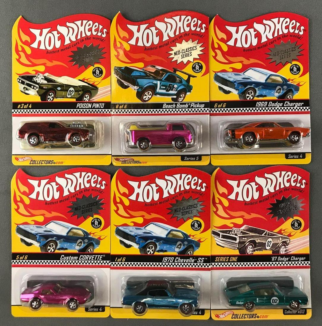 Group of 6 assorted Hot Wheels die-cast vehicles in: New in original packaging and plastic clamshells. Includes Online Exclusive 67 Dodge Charger-04536/10000, Neo-Classics Series 1969 Dodge Charger-05417/11000, 1970 Chevelle SS-02642/11000, Beach Bomb P