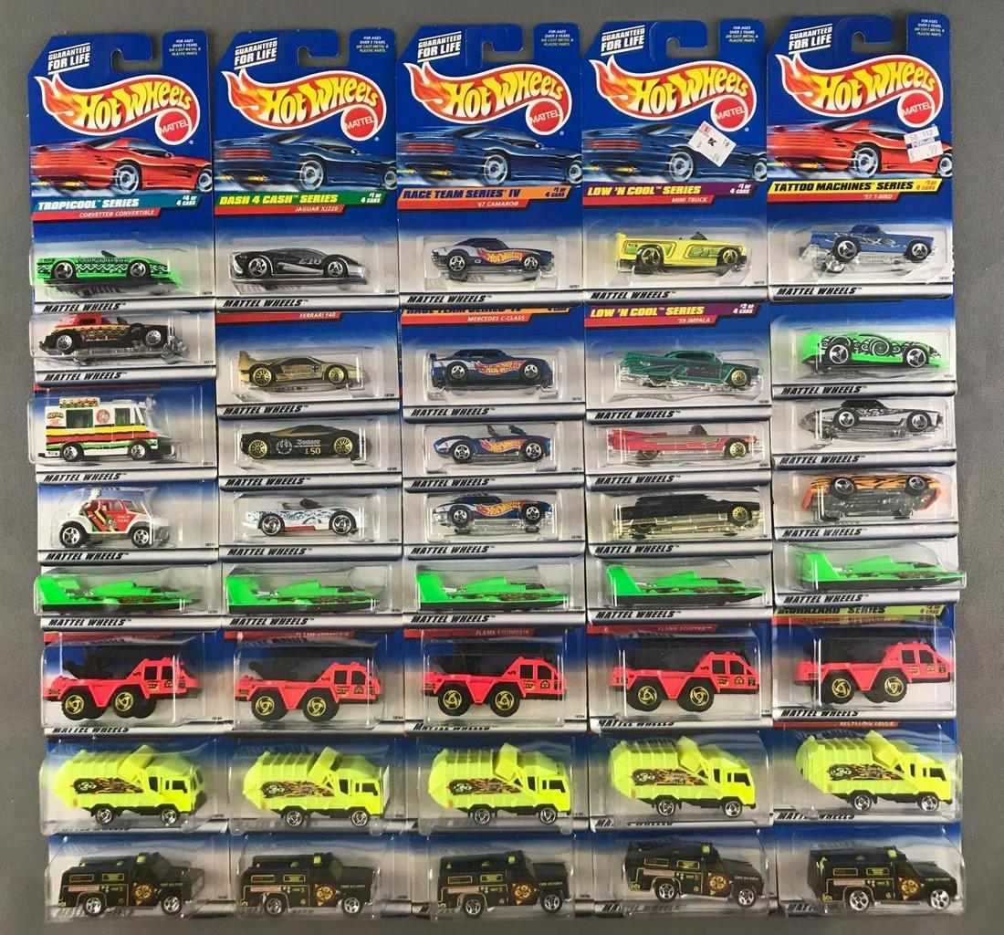 Group of 40 Hot Wheels die-cast vehicles in original: (10) complete 4-vehicle series including Biohazard, Tropicool, Tattoo Machines, and more. Some minor damage to packaging and shelf wear