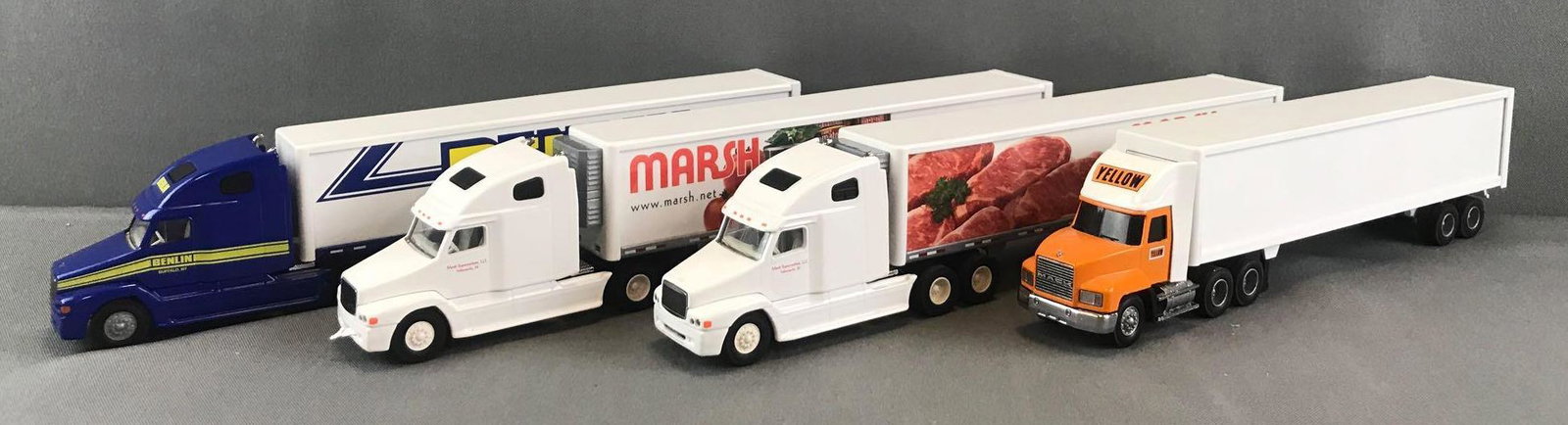 Group of 4 Penjoy die-cast Tractor-Trailers: 1:64 scale. Marsh Supermarkets, Yellow, and Benlin