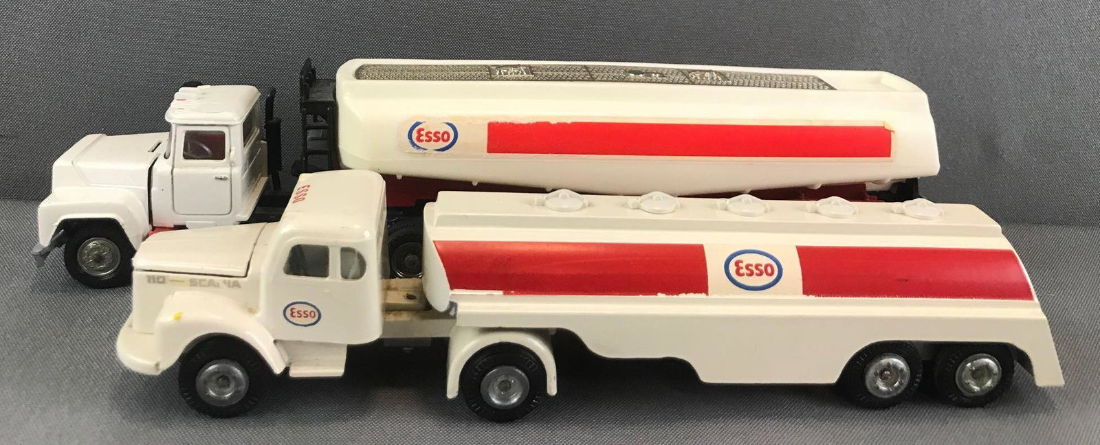 Group of 2 Esso Tanker die-cast Tractor-Trailers: Corgi Major Mack Cab and Gloster Saro Trailer and Tekno Scalia-Vabis