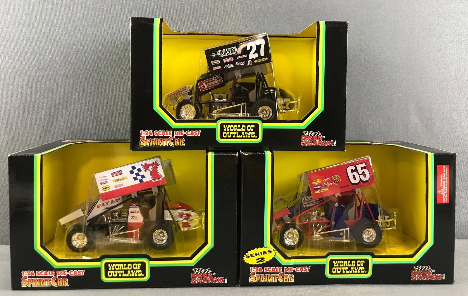 Group of 3 Racing Champions World of Outlaws die-cast: 1:24 scale Sprint Cars-Terry McCarl, Jimmy Sills, and Jimmy Carr