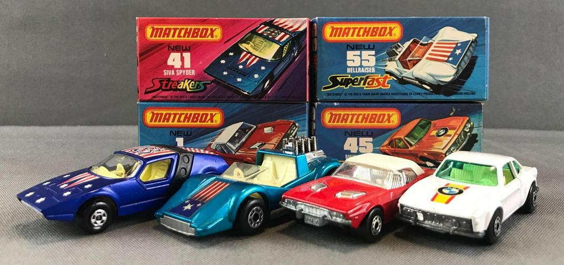Group of 4 Matchbox Superfast die-cast vehicles with: Includes No. 1 Dodge Challenger, No. 45 BMW 30 CSL, No. 55 Hellraiser, and Streakers No. 41 Siva Spyder. A Lesney Product. Made in England