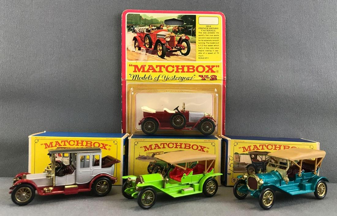 Group of 4 Matchbox Models of Yesteryear die-cast: Includes No. Y-2 1914 Prince Henry Vauxhall, No. Y-7 1912 Rolls Royce, No. Y-9 1912 Simplex, and No. Y-12 1909 Thomas Flyabout. Damage to Y-2 package and Y-9 plastic roof. A Lesney Product. Made in En