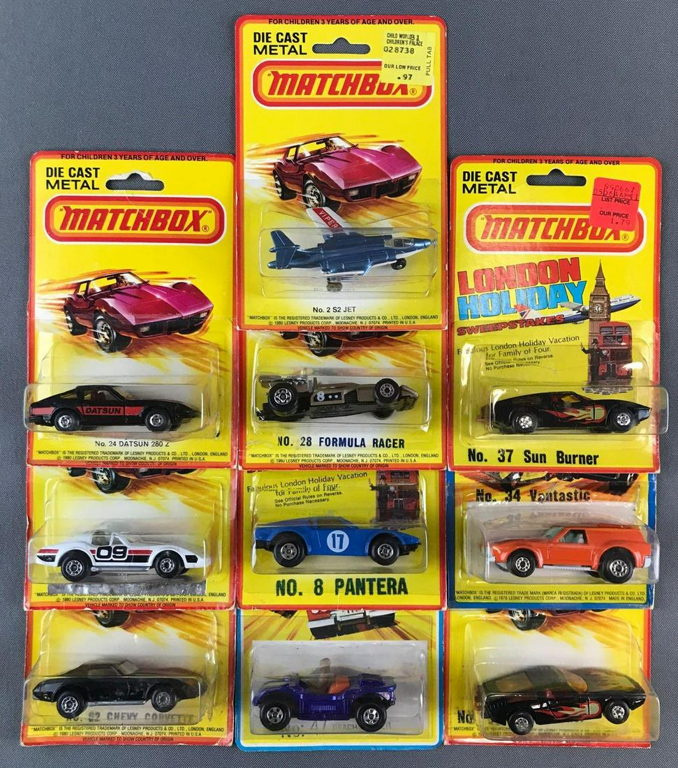 Group of 10 Matchbox die-cast vehicle in original: Includes No. 37 Sun Burner, No. 8 Panthers, No. 47 Beach Hopper, and more. Some damage and shelf wear to packaging