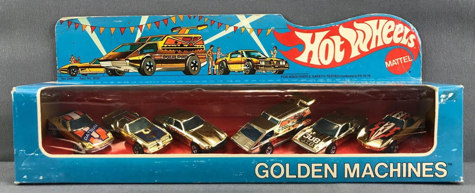 Hot Wheels Golden Machines die-cast vehicle set in: 6 piece set includes Jaguar XJS, Z Whiz, Corvette Stingray, and more. Shelf wear, minor damage to packaging
