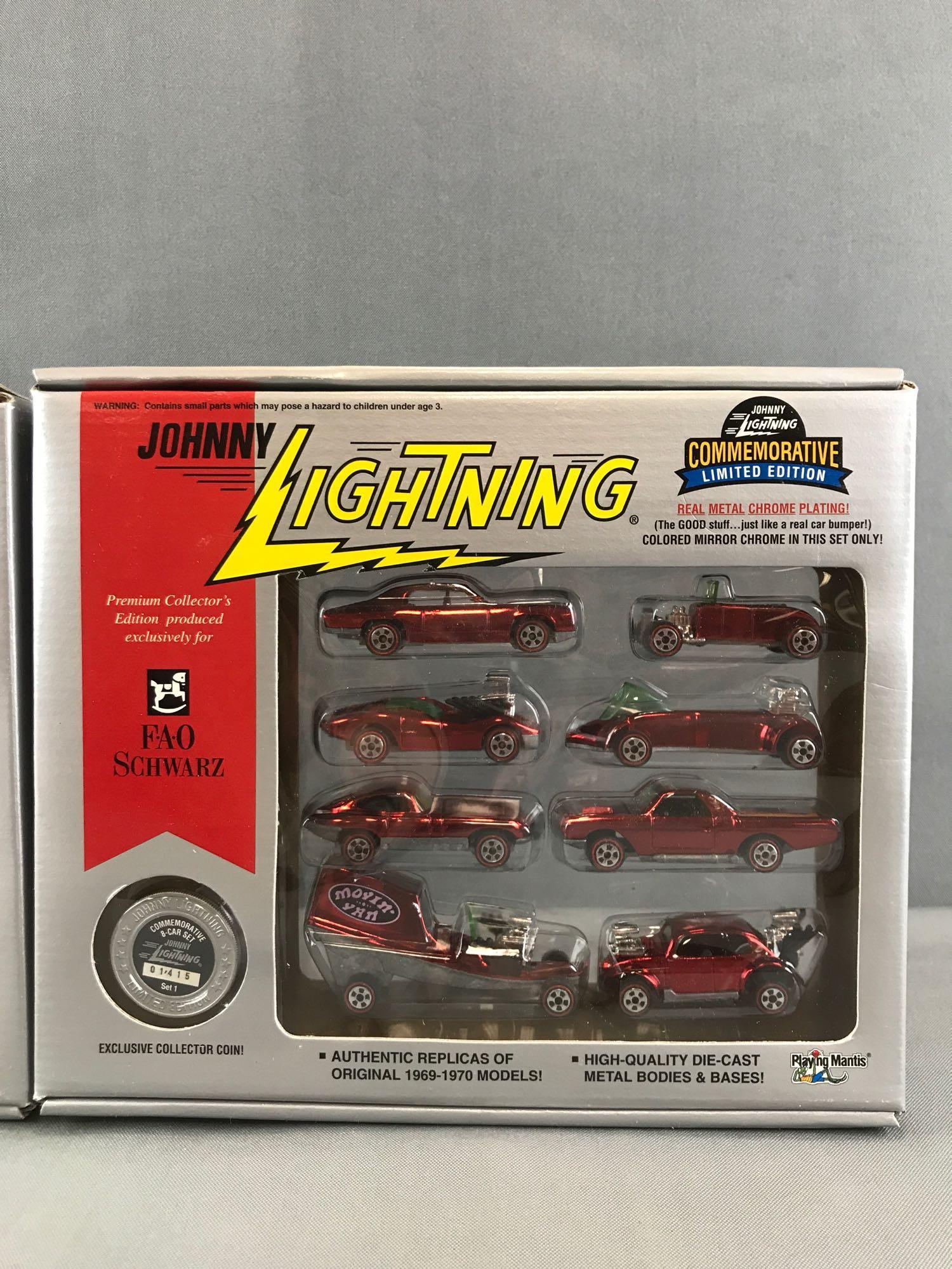 Group of 2 Johnny Lightning FAO Schwarz Commemorative: 8 piece FAO Schwarz exclusive sets, new in original packaging