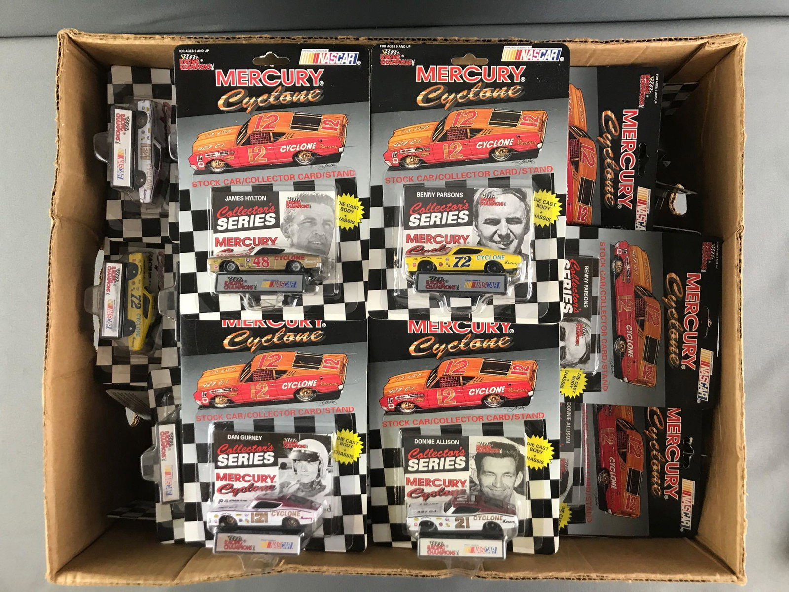 Group of 40+ Racing Champions NASCAR Mercury Cyclone: 1:64 scale, Dan Gurney No. 121, Donnie Allison No. 21, Bennie Parsons No. 72, and James Hilton No. 48