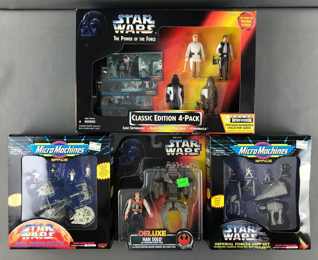 4 piece group assorted Star Wars action figures/sets in: Galoob Micro Machines Rebel Forces, Imperial Forces gift sets, Kenner Deluxe Han Solo and Classic Edition 4-pack