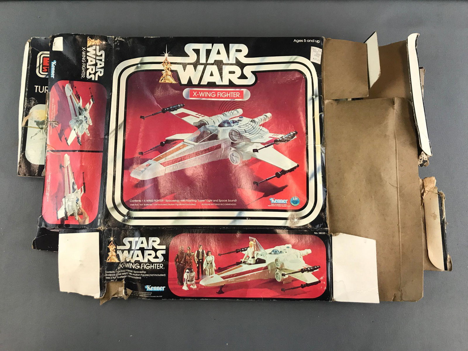 Group of 4 Vintage Kenner Star Wars action: Boxes only, varying types of damage throughout lot. Includes X-Wing Fighter, Creature Cantina Action Playset, Empire Strikes Back Turret/Probot Playset, and Imperial Attack Base. Largest is appx 23.25