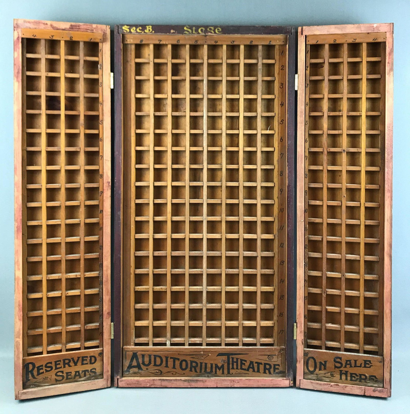 Antique "Auditorium Theatre" "Reserved Seats" Ticket: When folded closed, the partitioned wooden box office measures 16 1/2 x 33 inches