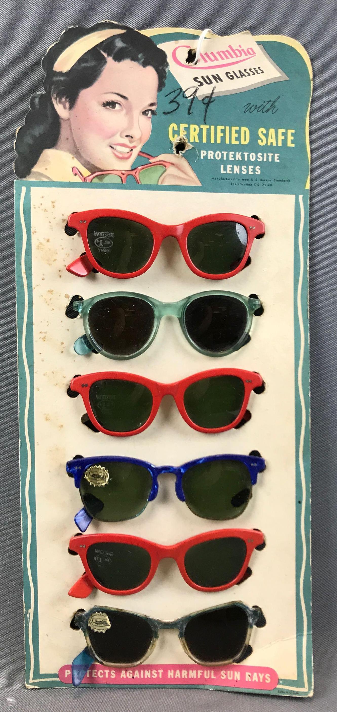 Vintage "Columbia Sun Glasses" Countertop Cardboard: 8 x 18 inches; lot includes six pairs of vintage "shades"