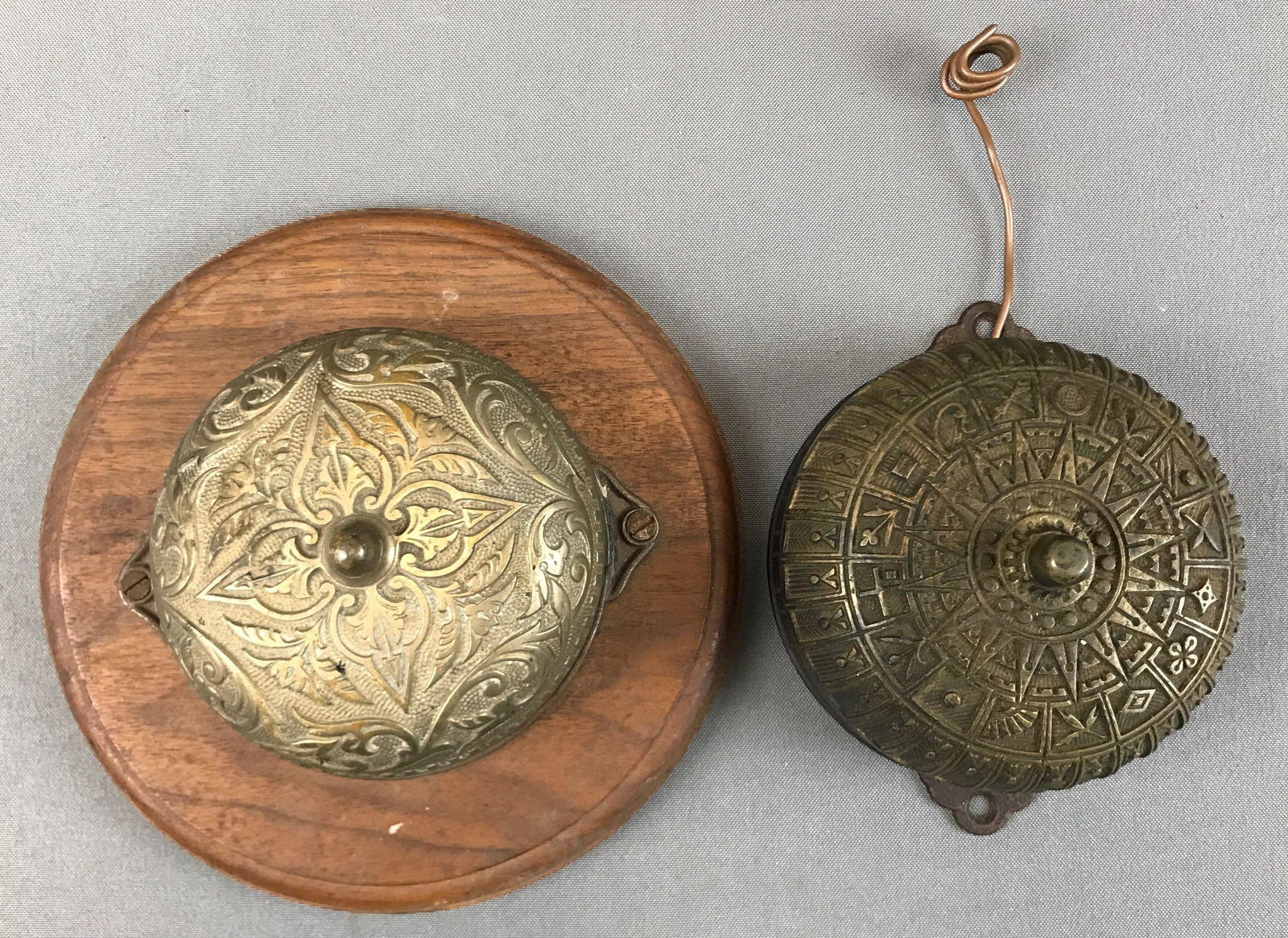 Lot of 2 : Antique Rotary Mechanical Doorbells: One is attached to wooden, 7 3/4 inch base
