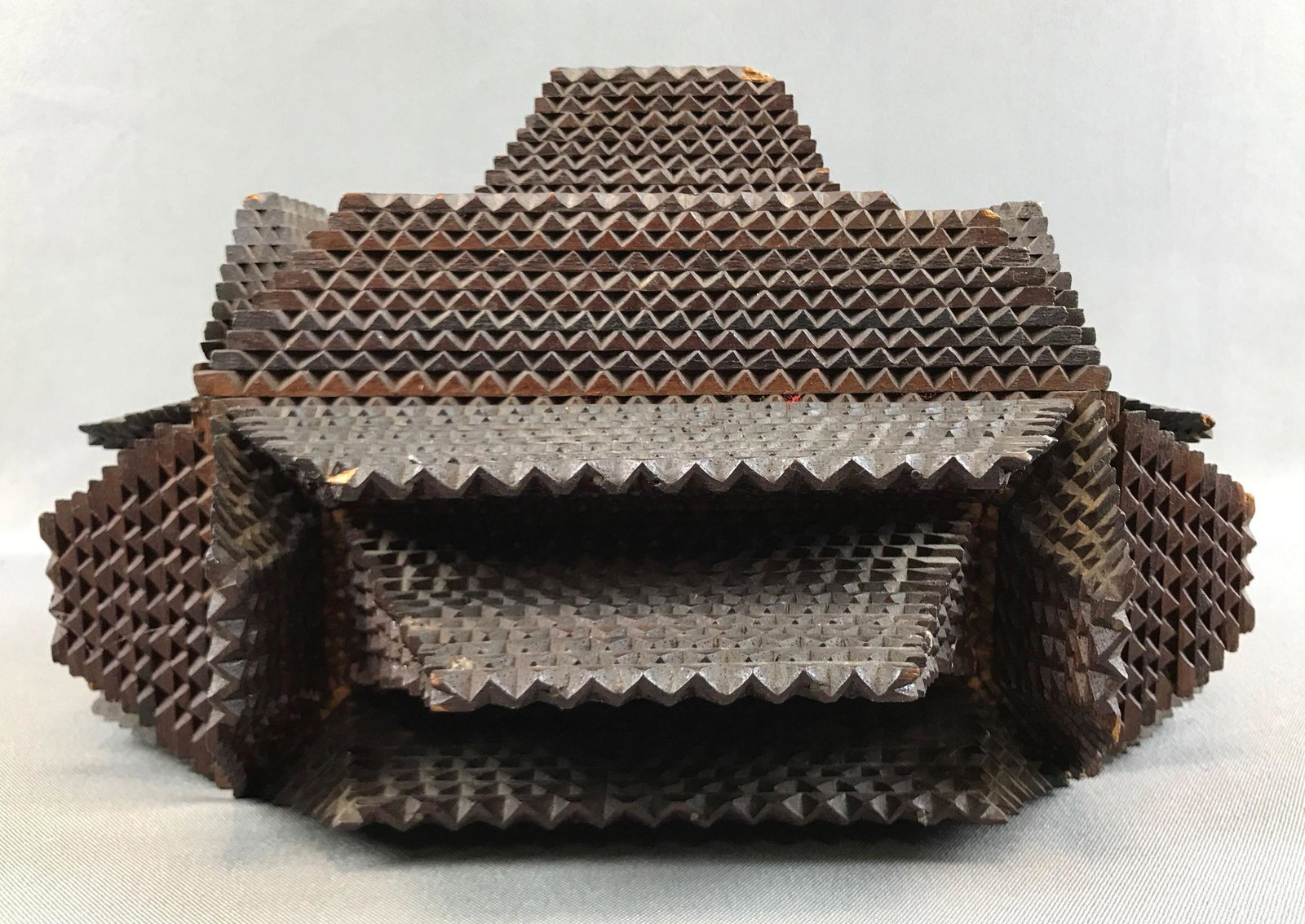 Antique Tramp Art : Hinged Top Jewelry Box: 12 x 10 x 6 1/2 inches; minor damage