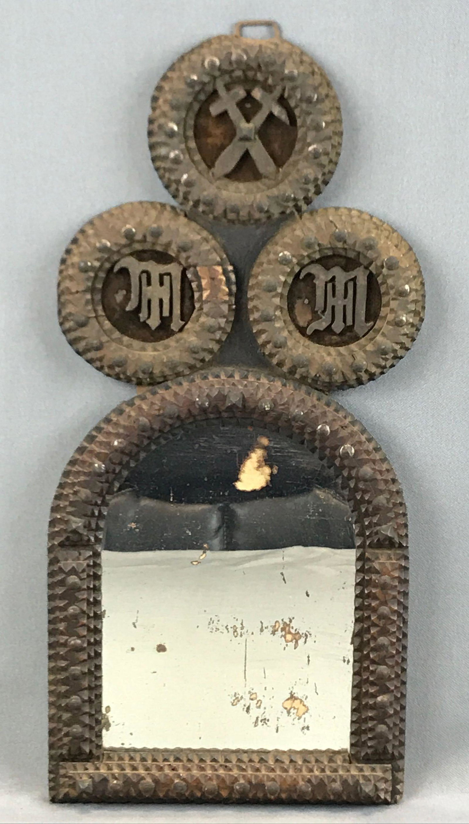 Antique Tramp Art : Arched Mirror w/ Framed Initials: 9 1/2 x 20 inches; some minor damage