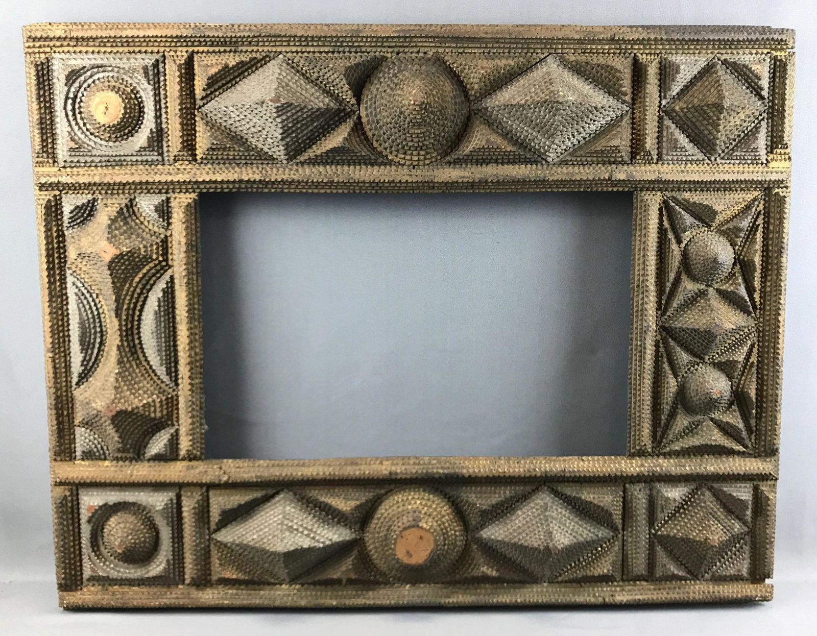 Antique Tramp Art : Picture Frame: 35 x 27 1/2 inches; some damage