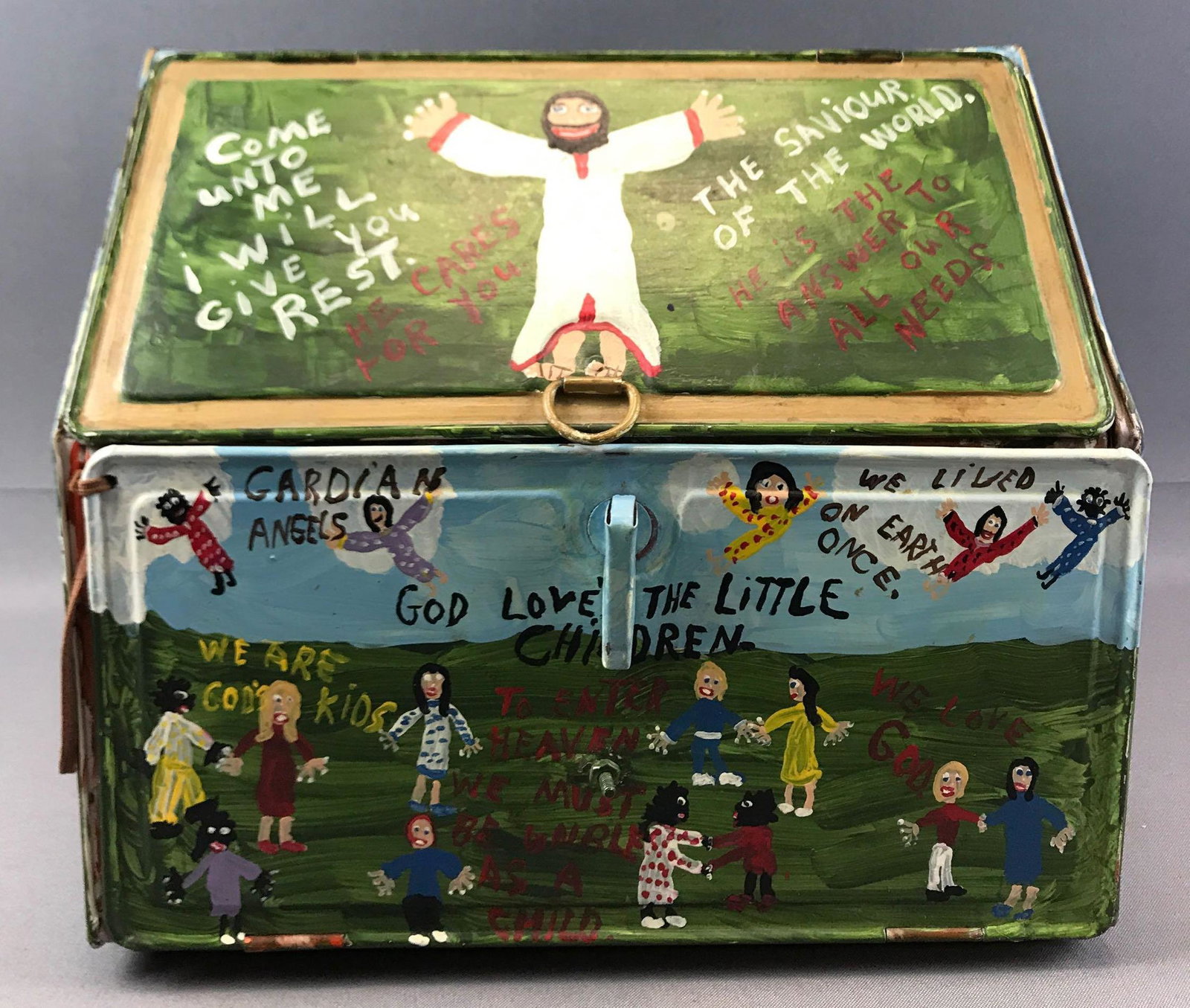 Ronald Cooper "The Conflict Between Good and Evil": Ronald Cooper (American Folk Artist : 1932-2012) "The Conflict Between Good and Evil" This uniquely original acrylic on metal diorama measures 12 3/4 x 11 x 11 inches. The outside of the work represen