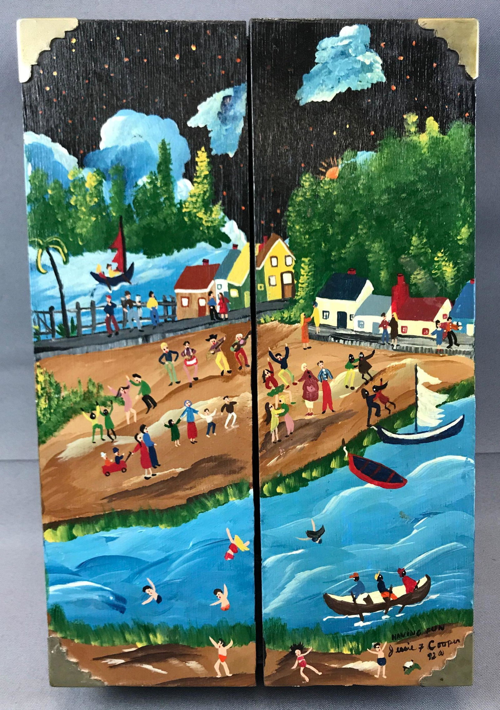 Jessie Cooper "Having Fun": Jessie Cooper (American Folk Artist : 1933- ) "Having Fun". The original acrylic Biblical folk art diorama measures 9 1/2 x 14 1/2 x 3 1/4 inches. The work gives evidence of an outside world of peacef