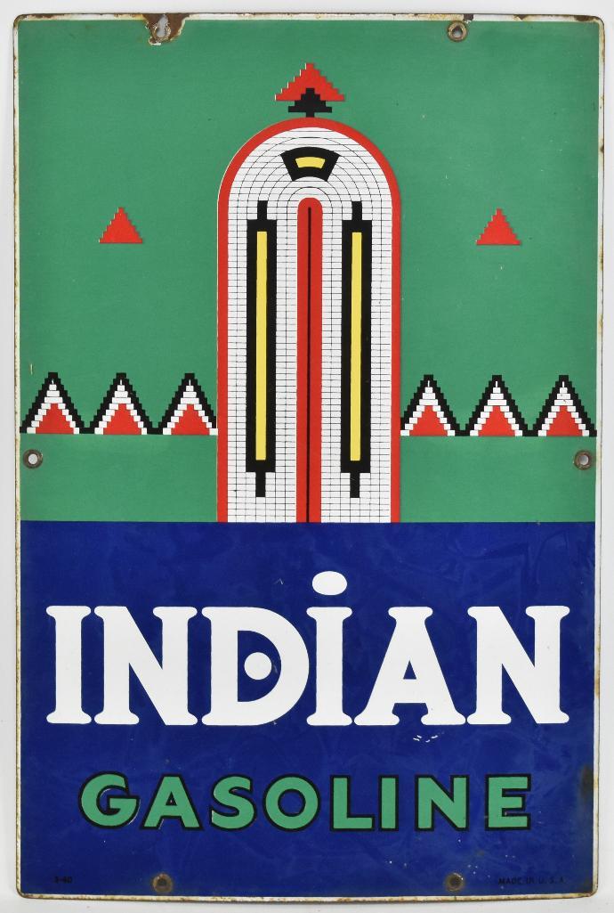 Vintage "Indian Gasoline" Advertising Porcelain Pump: 12 x 18 inches. 3-40, Made in the USA
