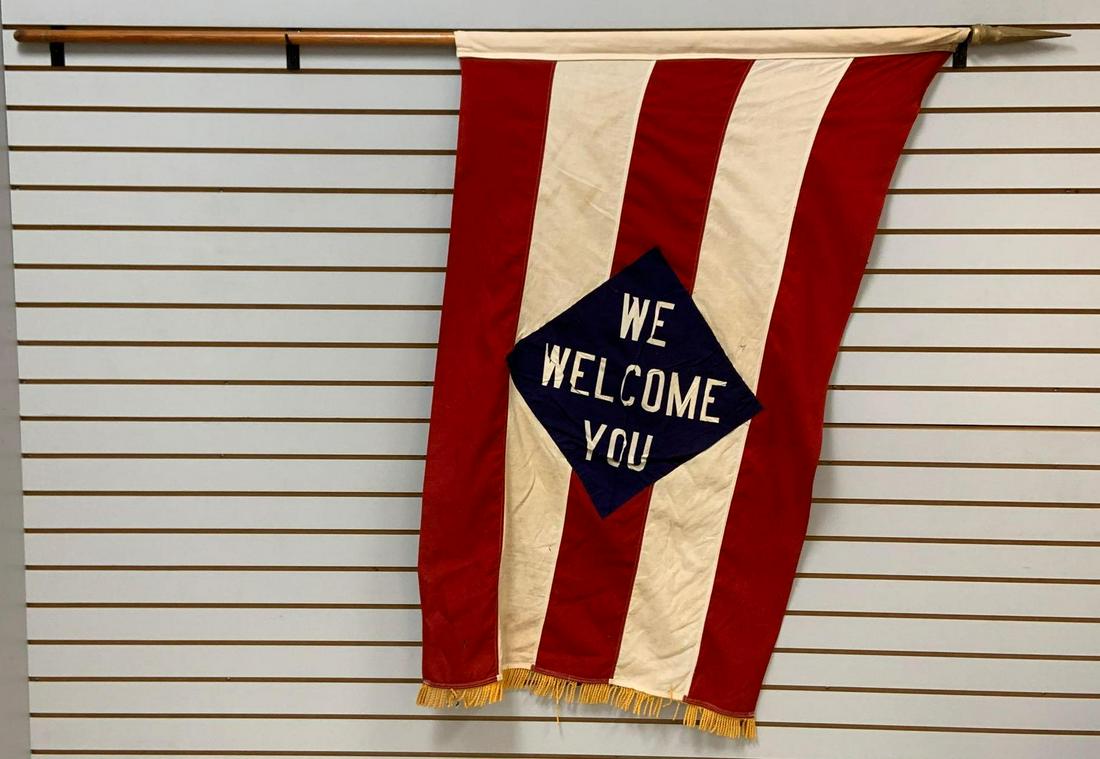 Antique We Welcome Youâ Flag with Pole: 78 x 58 inches (with pole)