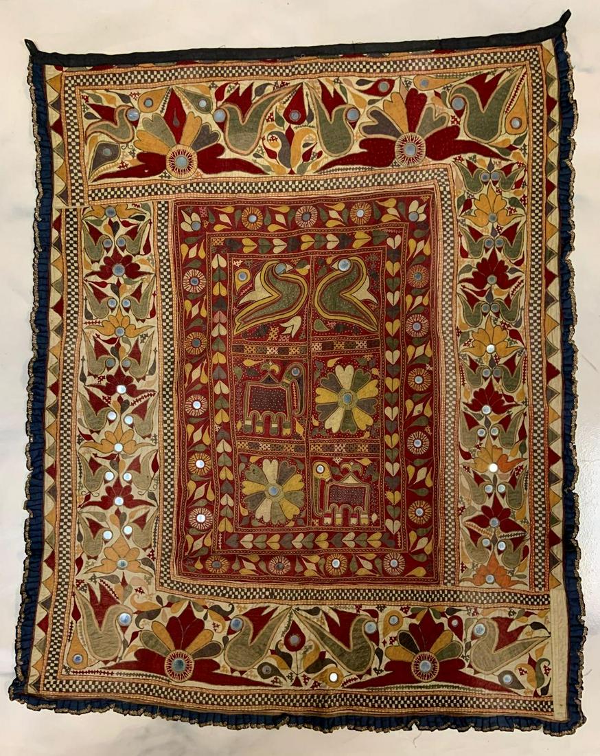 Antique Ornate Indian Shisha Embroidered Textile Decor: 45 x 37 inches. A richly detailed example of traditional Indian Shisha (mirror-work) embroidery features a central 6-block field of birds, elephants and flowers surrounded by a colorful, lighter hue r