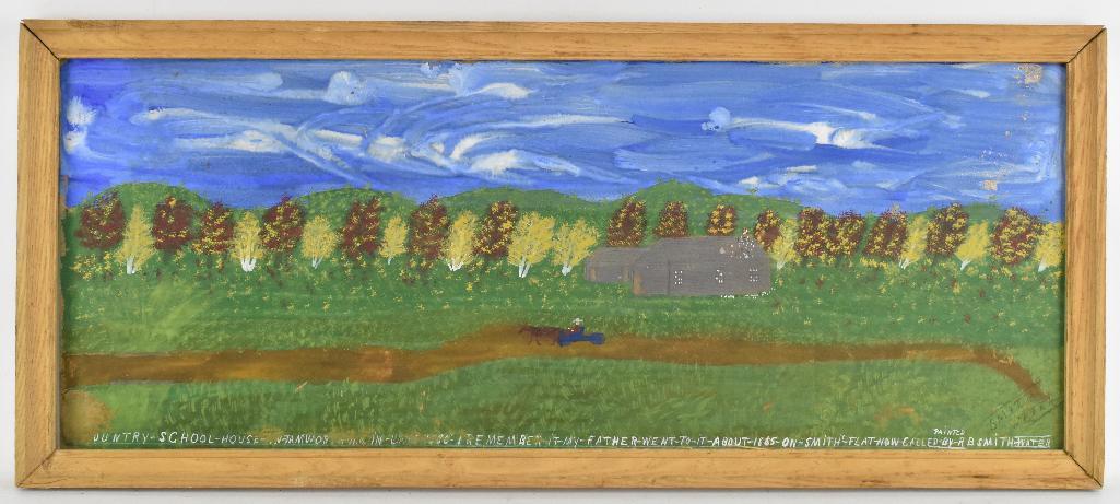 Folk Art Oil on Board : Pequaket-Tamworth, N.H. - by: Pictured is a county school house in Pequaket-Tamworth, New Hampshire in about 1865 on Smiths Flat. Signed by artist. Frame measures 29 1/2 x 12 1/2 inches, Artwork measures 28 x 11 inches