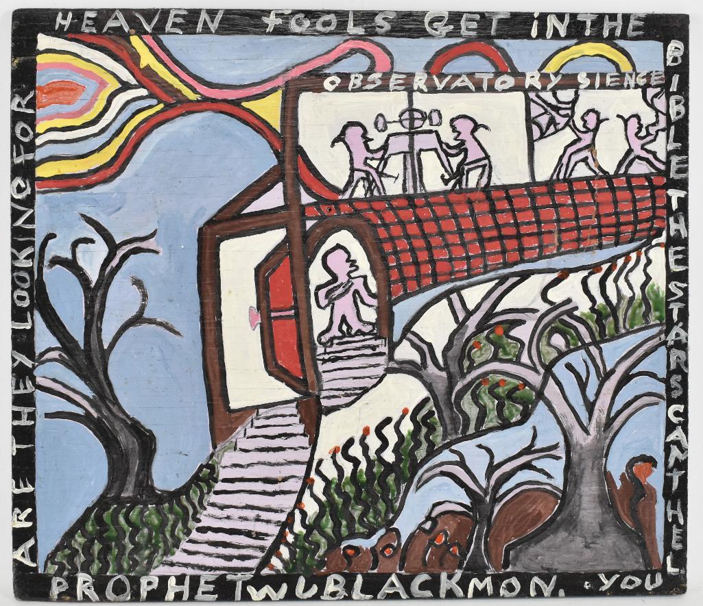 Religious Satire Oil on Board : "Are They Looking For: William Joshua Blackmon(20 April 1921 â 8 February 2010), also known asProphet Blackmon, was an American street preacher and a well known Milwaukee artist. Jeffrey R. Hayes, professor of art history