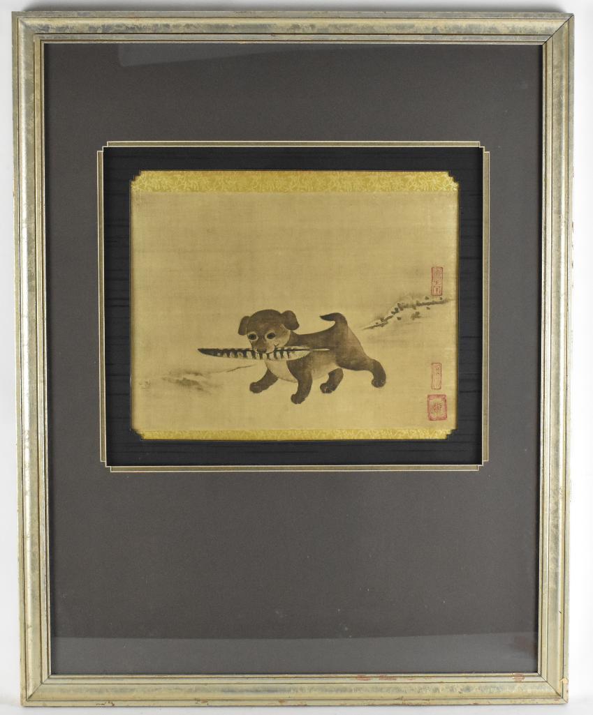 Antique Japanese Silk Wood Block Print : after "Puppy: 28 x 35 inches;Printed after the original that was created in Korea during the mid-Joseon Dynasty (1392-1897)