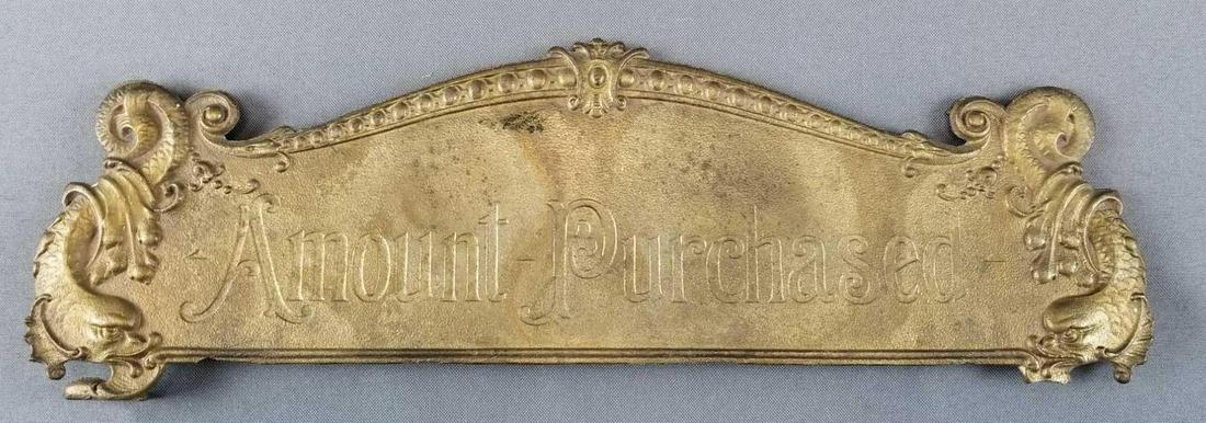 Brass plate for an Antique Cash Register: 15 1/4 x 5 inches. "Amount purchased". Foot is broken off one side