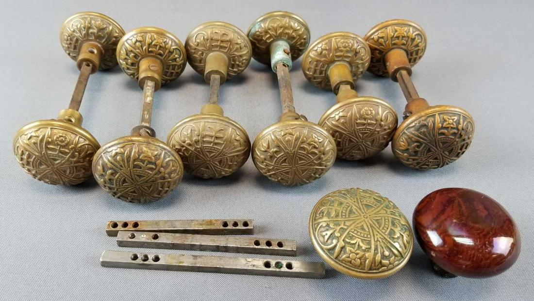 Group of Antique "Art Nouveau" Brass Door Knobs: 6 sets, plus 2 additional knobs. Knobs' diameters are approximately 2 1/4 inches