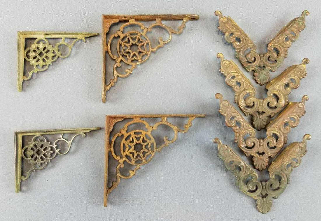 Group of 8 : Antique Wall Brackets + Corner Protectors: Larger brackets measure 5 x 4 1/2 inches