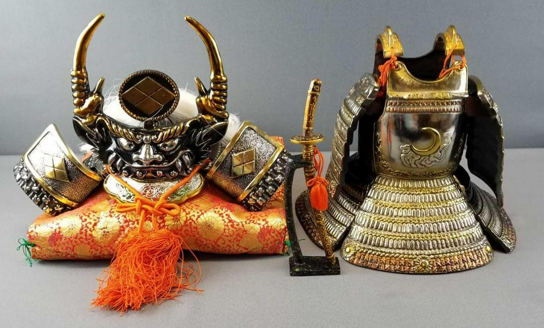 Miniature Reproduction Samurai Armor and Helmet: Includes display case for armor- still boxed. Original shipping box for armor, helmet, pillow. Pieces are made of metal. Heavyweight. Armor is 11 inches tall