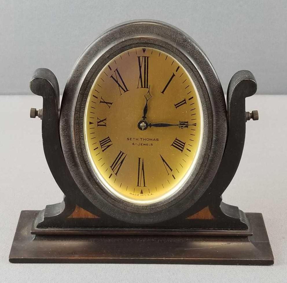 Antique Seth Thomas "4-jewels" Desk Clock: 9 1/4 x 8 inches. Wind-up clock. Original finish; requires repair