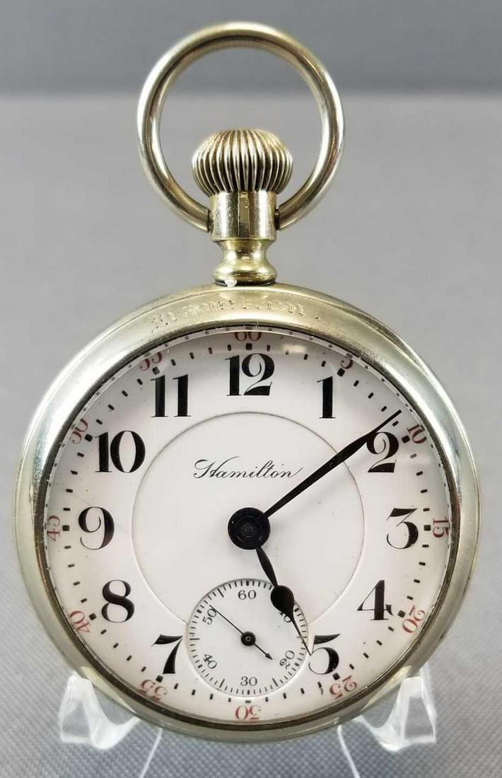 Antique (1900s) Hamilton Watch Company Railroad Grade: #590631. Grade 940, Model 1, 18s, 21j. Small crack within enamel dial at 9 o'clock. Runs
