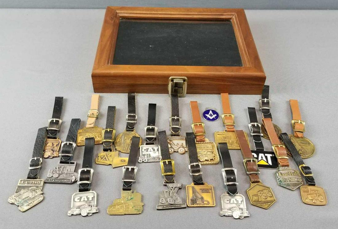 Group of Vintage Watch Fobs + Case: Caterpillar, Euclid, John Deere and more