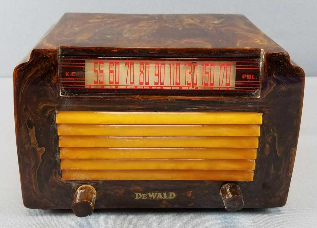 Vintage "DeWald" Bakelite Radio: 9 3/4 x 6 3/4 inches; untested. Model A-502, No chips or cracks