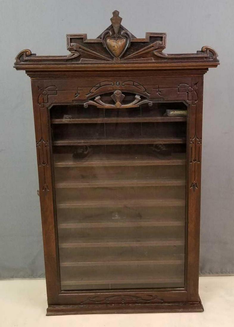 Antique Wooden Wall Display Cabinet: 23 x 40 inches. Cabinet is 3 inches deep; some wear consistent with age. In-house shipping is not available for this lot; arrange third party shipping or pick up at our Gallery in Ottawa